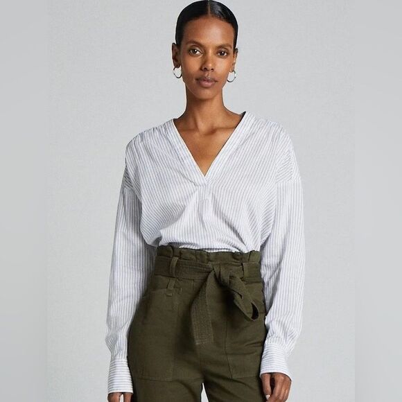 A.L.C. Silk Cotton Blend Laurie Top Striped Long Sleeve White Charcoal Sz 4 - Picture 1 of 12
